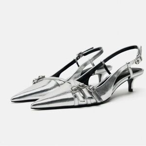 Zara Silver Strappy kitten heel Slingbacks 38